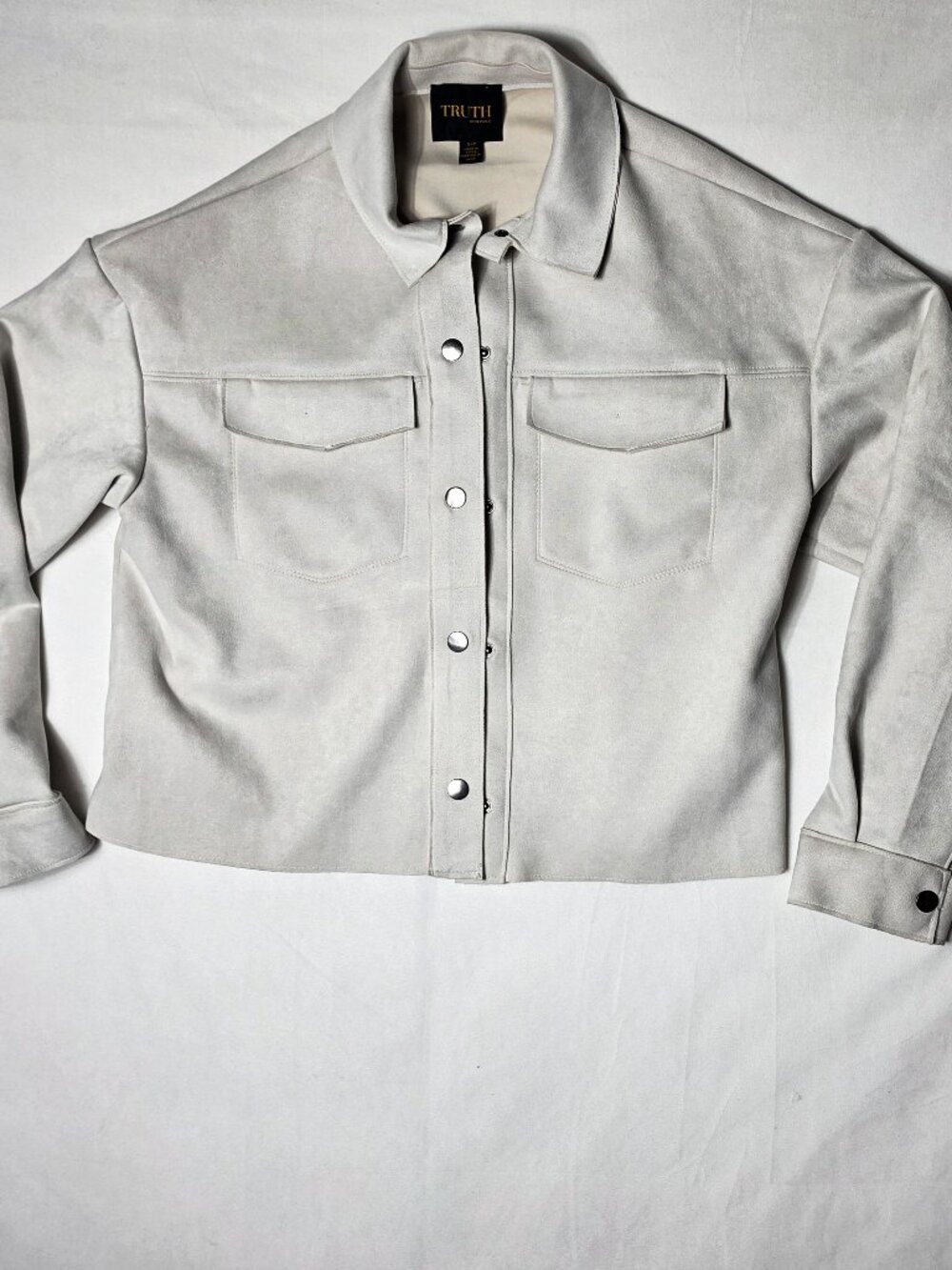 Truth by Republic Faux Suede Cropped Shirt Jacket Cream Grey Small